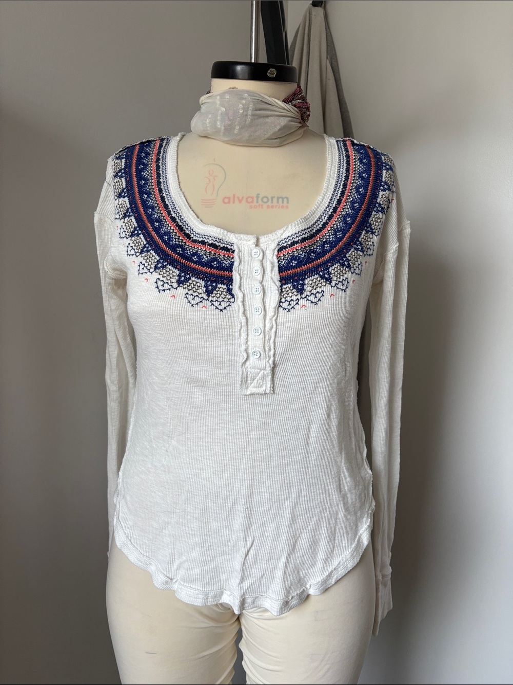 Free People White Henley with Blue and Pink Embroidered Yoke
